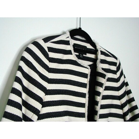 Metaphor Open Front Blazer Jacket XS Raw Hem Black White Striped Pockets Lined - Picture 3 of 12